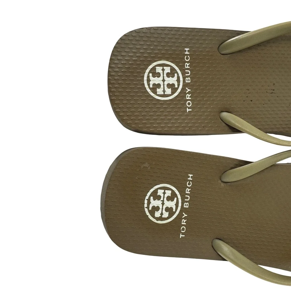 Tory Burch Women Brown Olive Rubber Flip Flop Sandals Gold Logo Medallion Flat